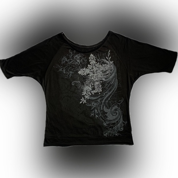 STRANDED wide neck goth 3/4 sleeve black T shirt, polyester & rayon XL - Picture 6 of 10